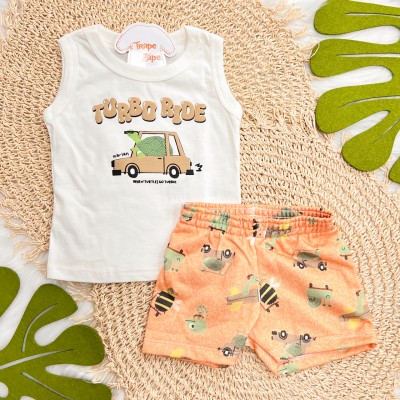 Conj. Regata Turbo Ride e Bermuda Dinos com Bichinhos - Off White e Laranja